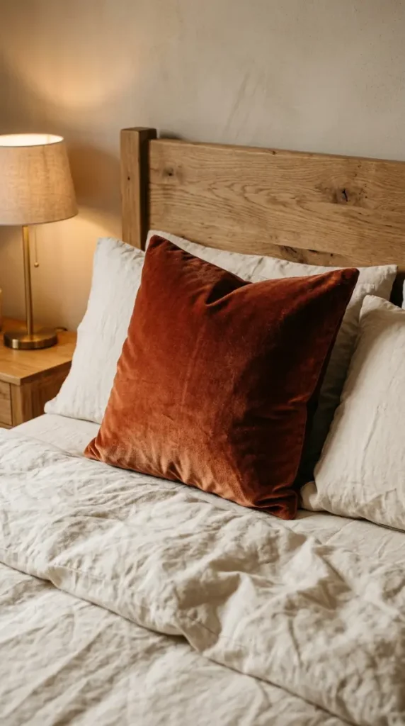 15 Small Space Fall Decorating Ideas Bedroom Corner Style 4 4. A Rust Velvet Cushion Against the Headboard