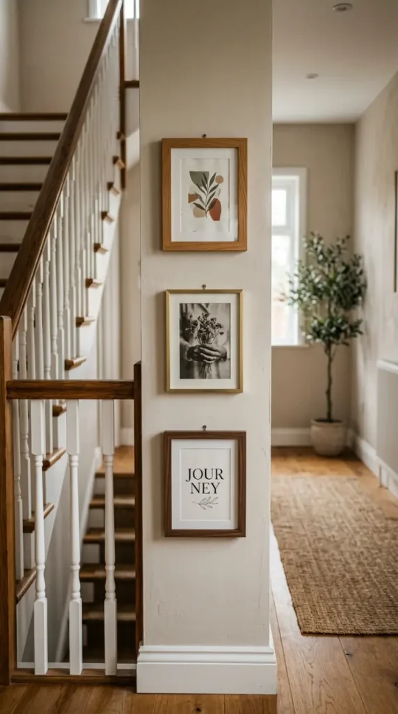 13 Small Thrifted Gallery Wall Ideas for Staircases 4 4. A Single Column of Frames Beside the Top Landing