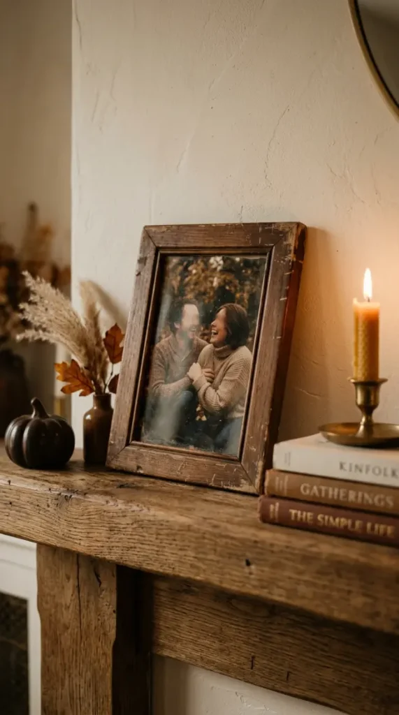 18 Collected Fall Mantel Styling Ideas That Feel Easy 4 4. A Small Framed Photo Propped Rather Than Hung