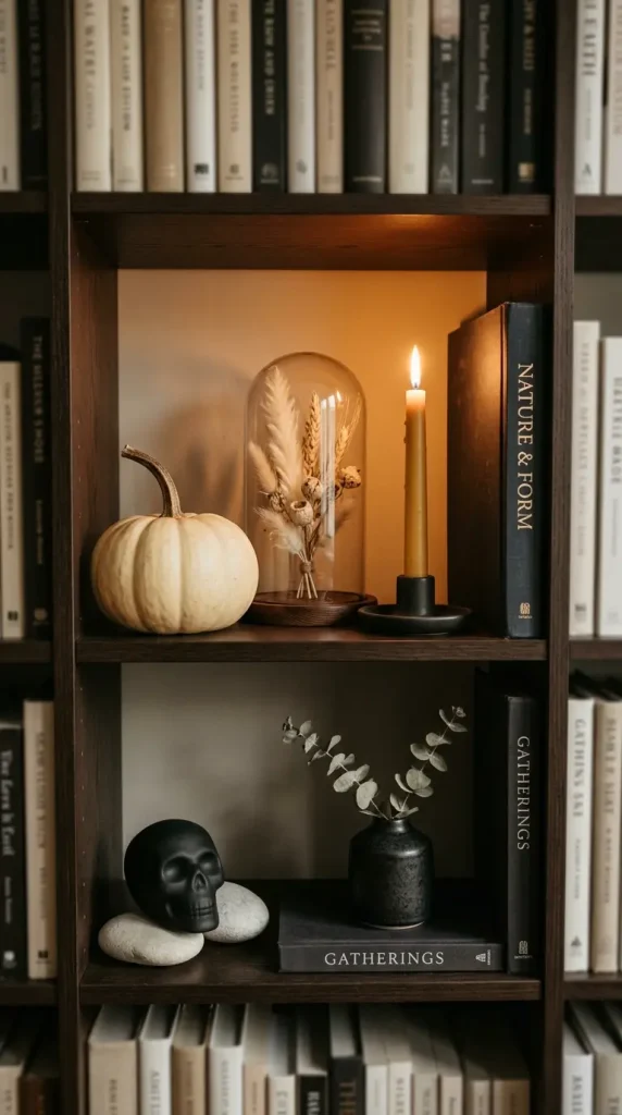 14 Chic Neutral Halloween Decor Ideas Living Room Style 4 4. A Styled Bookshelf Halloween Vignette