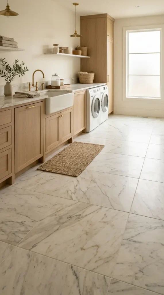 18 Laundry Room Designs Quiet Luxury Marble and Warm Wood Look 4 4. A White Marble Floor Running Continuously
