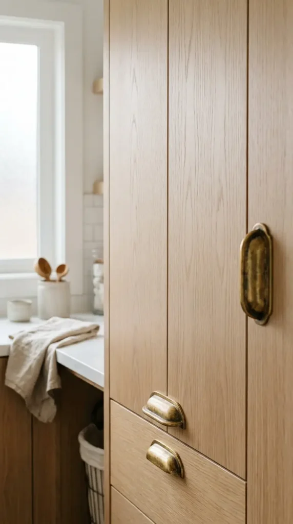 15 Elegant Laundry Room Ideas Warm White Oak Scandinavian Style 4 4. Aged Brass Cup Pull Hardware Throughout