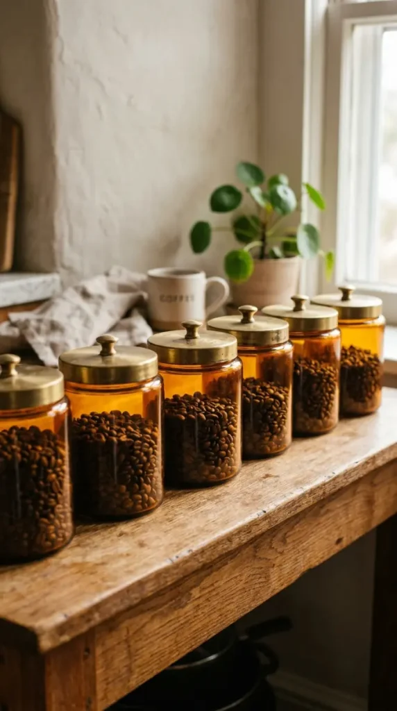 19 Eclectic Coffee Station Ideas With Vintage Charm 4 4. Amber Glass Canisters for Coffee Beans