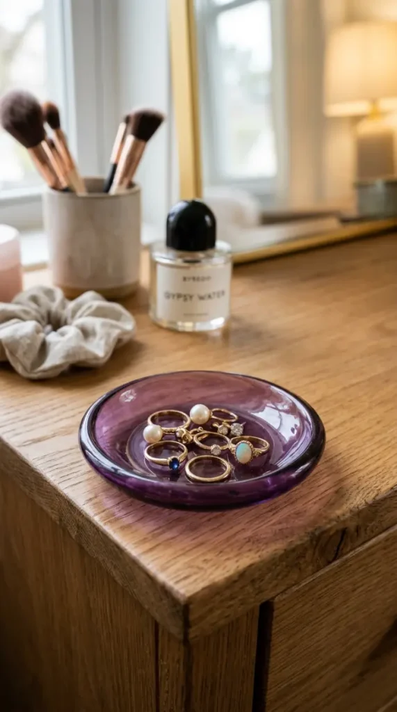 17 Jewel Tone Vanity Styling Ideas With Rich Color 4 4. Amethyst Purple Jewelry Dish for Rings and Studs