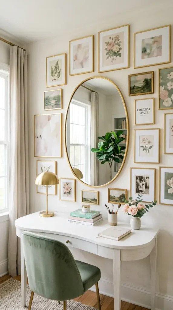 12 Home Office Ideas for Women Blush Gallery Wall Curved 4 4. An Oval or Round Mirror Above the Gallery Wall
