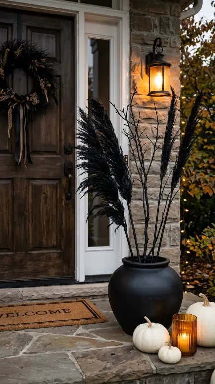 13 Easy Halloween Entryway Decor Black White Classic Style 4 4. Black Spray-Painted Dried Botanicals in a Black Pot
