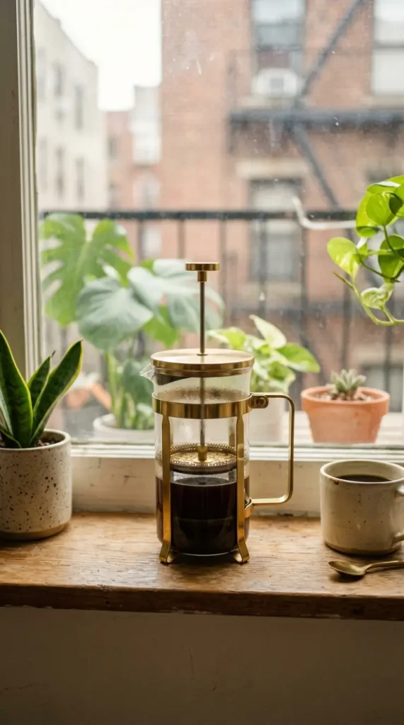 17 Small Space Eclectic Coffee Corner Ideas for Renters 4 4. Brass French Press Instead of a Built In Machine
