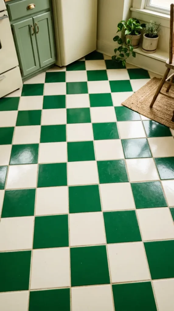 18 Dopamine Kitchen Ideas for a Bold Colorful Space 4 4. Checkerboard Floor Tile in Two Bold Colors