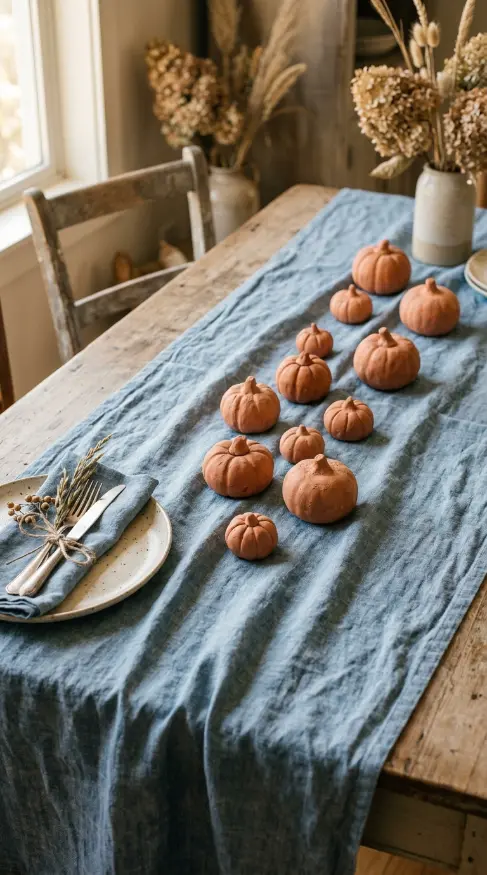 13 Blue and Orange Thanksgiving Table Ideas to Save 4 4. Coastal Grandmother Chambray Linen and Terracotta Pumpkins