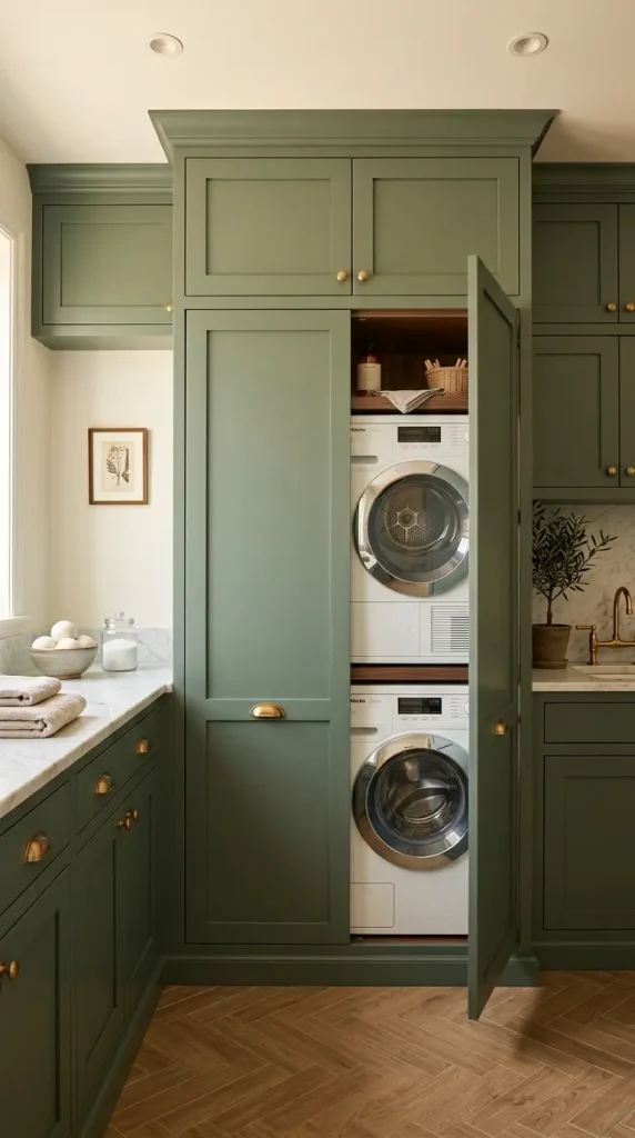20 Luxury Laundry Room Ideas Sage Green Walnut Warm Style 4 4. Concealed Appliances Behind Sage Green Shaker Doors