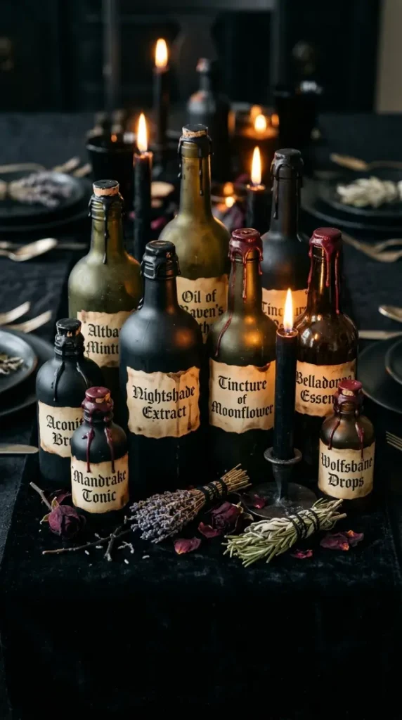15 DIY Halloween Centerpieces Gothic Candelabra Dinner Table Look 4 4. DIY Apothecary Poison Bottle Cluster for the Table Runner