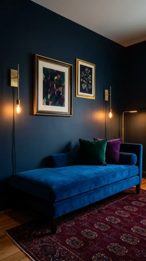 10 Chaise Lounge Velvet Jewel Tone Sapphire Blue Style 4 4. Dark Painted Walls to Deepen the Jewel Tone Effect