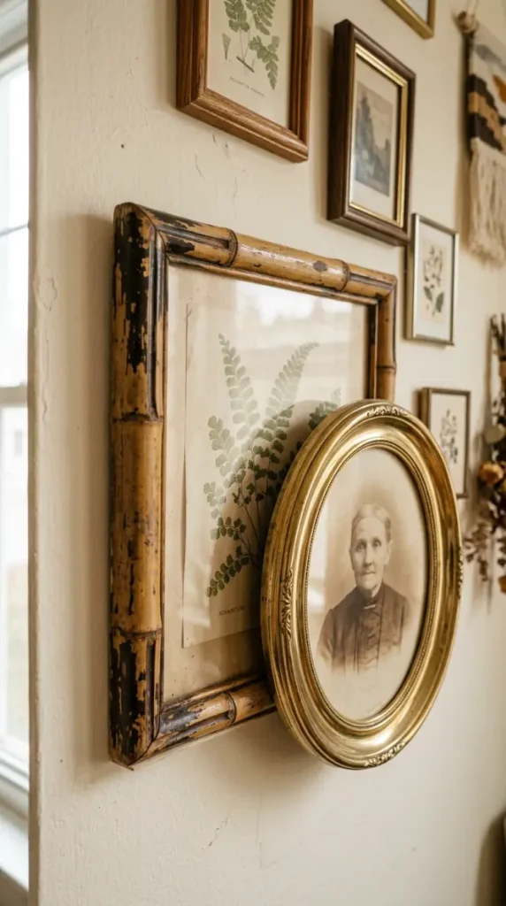 11 Thrifted Gallery Wall Ideas With Mismatched Frames 4 4. Deep Walnut Frame Anchoring a Cluster of Smaller Mismatched Frames