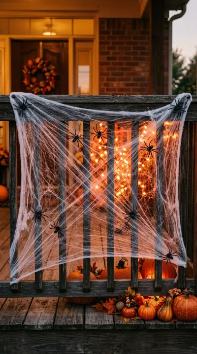 13 Dollar Tree Halloween Decor Ideas Front Porch Budget 4 4. Dollar Tree Spider Web Across the Railing