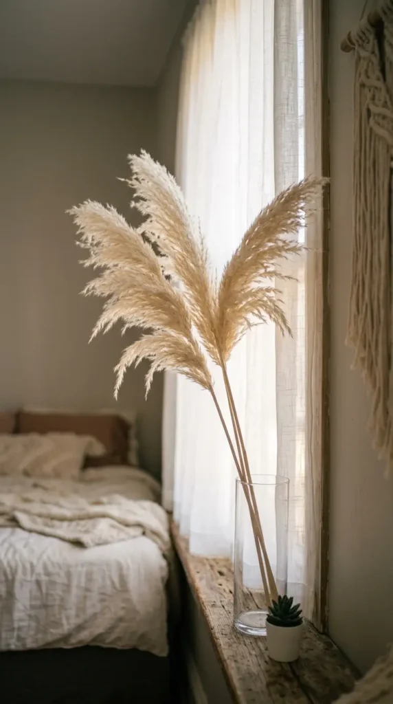 14 Curtained Window Reading Nook Soft Dreamy Corner Ideas 4 4. Dried Pampas Grass in a Slim Vase by the Window