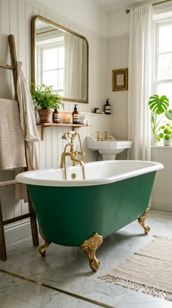 18 Jewel Tone Bathroom Ideas for a Luxurious Space 4 4. Emerald Green Clawfoot Tub as the Rooms Centerpiece