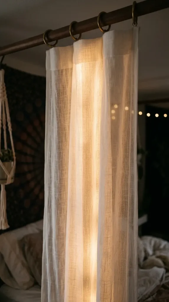 18 Romanticizing My Room Small Space Sheer Drapery Ideas 4 4. Fairy Lights Woven Along the Curtain Rod