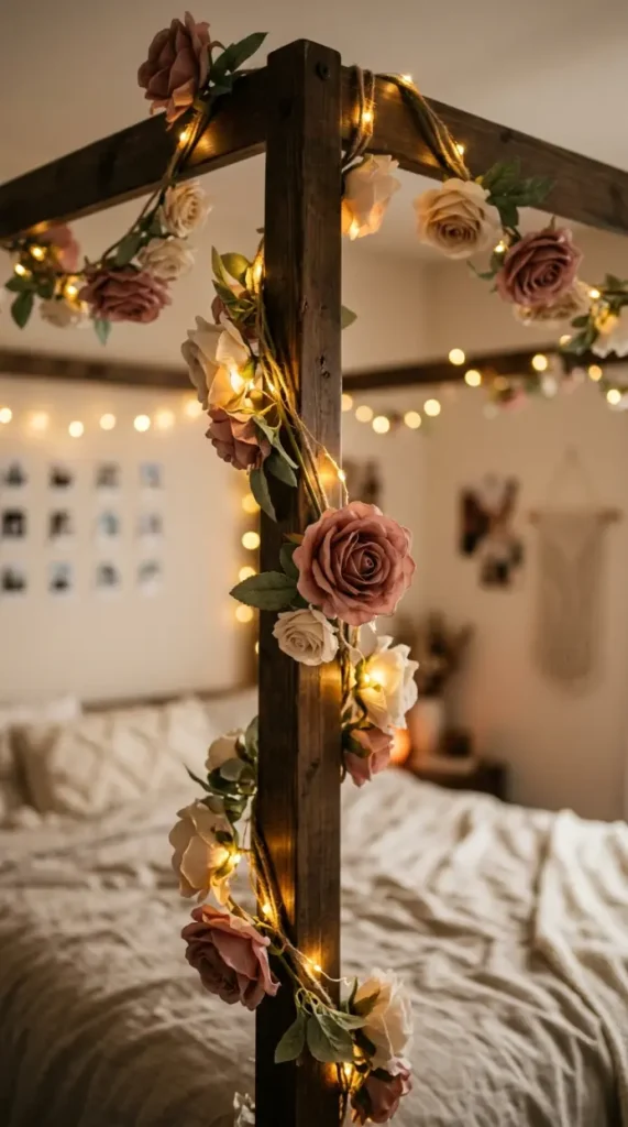 15 Romanticizing My Room Small Space Fairy Light Canopy Ideas 4 4. Faux Flower Garland Woven Through the Lights