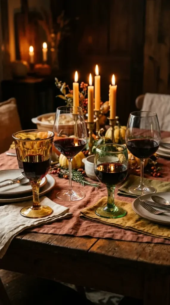 16 Small Moody Thanksgiving Table for Intimate Nights 4 4. Four Mismatched Wine Glasses at a Table Set for Four