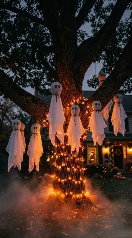 15 Outdoor Halloween Decorations Front Yard Spooky Style 4 4. Hanging Fabric Ghosts From Tree Branches