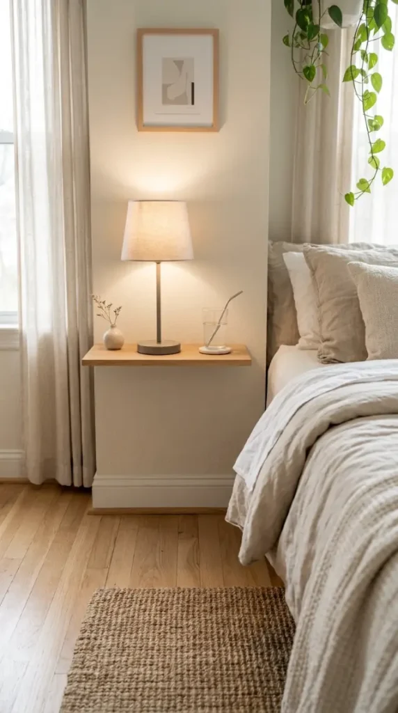 17 Small Bedroom Declutter Ideas for a Spacious Feel 4 4. Nightstand Swapped for a Slim Wall Mounted Ledge
