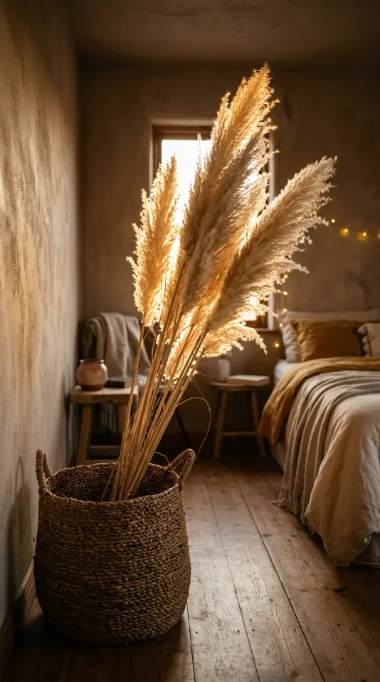 17 Golden Hour Bedroom Aesthetic Boho Floor Cushion Nook Ideas 4 4. Pampas Grass in a Woven Basket