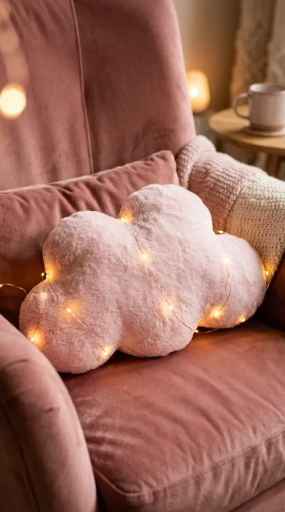 16 Cozy Reading Corners Whimsical Blush Fairy Lights 4 4. Pastel Pink Cloud Pillow