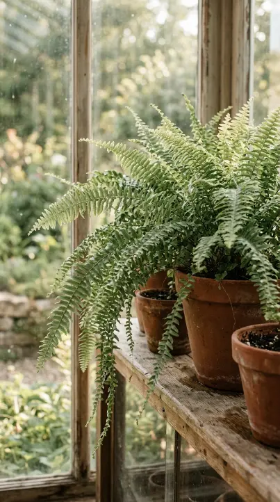 20 Summer Cottagecore Sunroom Gingham Sitting Corner 4 4. Potted Ferns Crowding the Windowsill