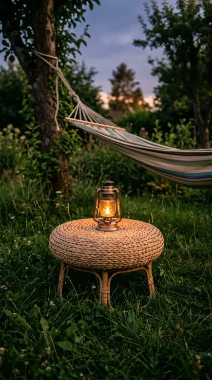 17 Summer Cottagecore Hammock Sitting Area Dusk Glow 4 4. Rattan Side Stool for a Lantern