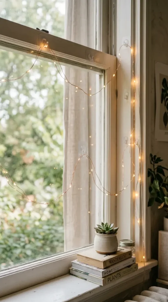 15 Small Apartment Window Reading Nook Renter Friendly Ideas 4 4. Removable Adhesive Hooks Holding a Light Strand