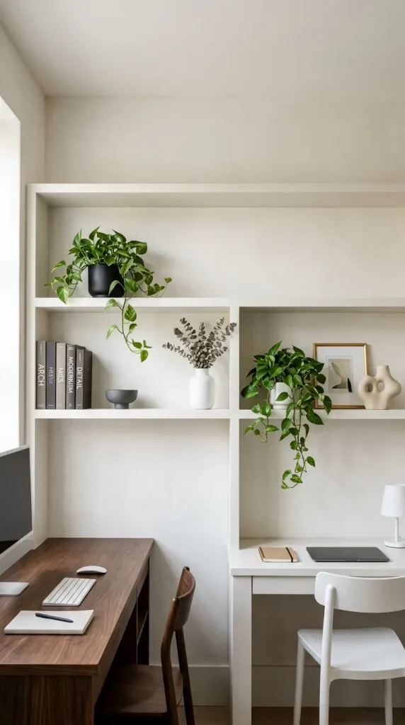 11 Office Room Ideas Shared Dual Desk His and Hers Style 4 4. Run a Full-Width Built-In Shelf Above Both Desks as the Unifying Element