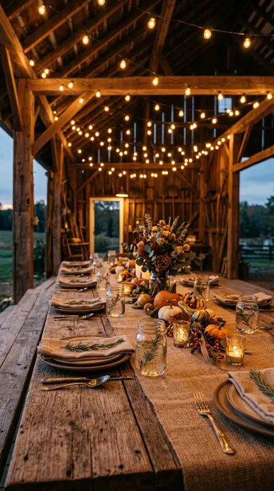 12 Romantic Thanksgiving Feast Styling Ideas to Save 4 4. Rustic Barn Table With String Lights Overhead