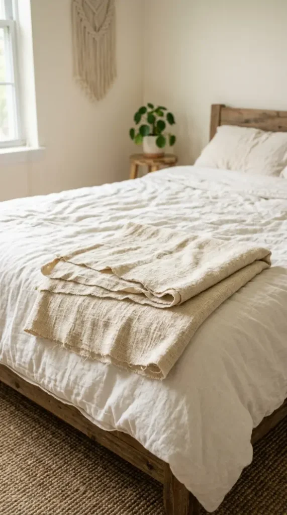 16 Minimalist Bedroom Declutter Ideas for Late Summer 4 4. Single Linen Throw Folded at the Foot of the Bed