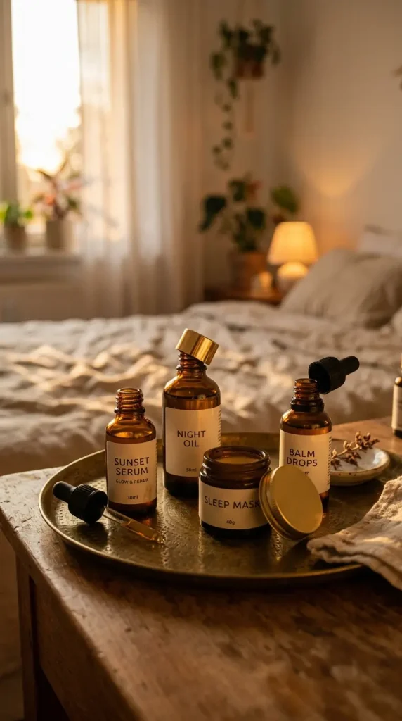 13 Golden Hour Bedroom Aesthetic Evening Ritual Corner Ideas 4 4. Skincare Products Lined on a Vanity Tray
