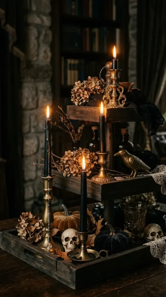 15 Halloween Tiered Tray Ideas Elegant Dark Moody Style 4 4. Slim Black Taper Candles in Aged Brass Holders