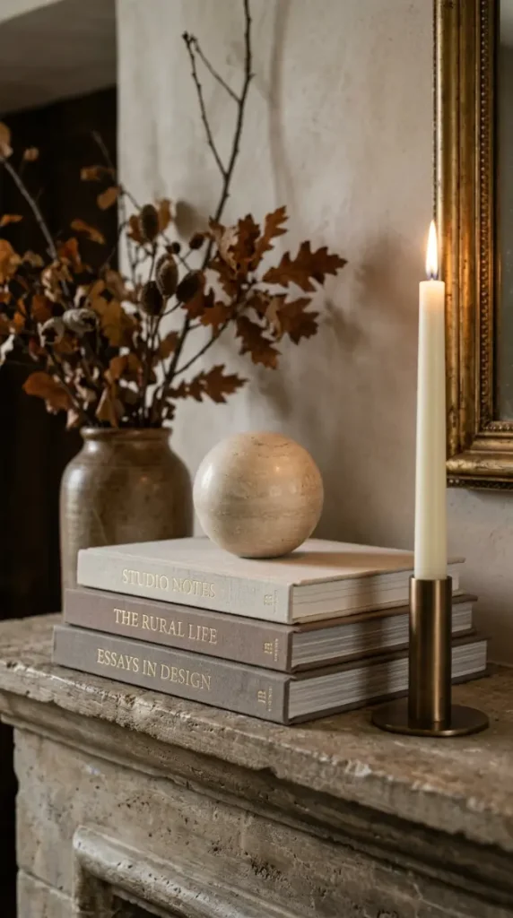 14 Fall Mantel Decor Ideas for a Quiet Luxury Neutral Look 4 4. Stacked Linen-Bound Books with One Taper Candle