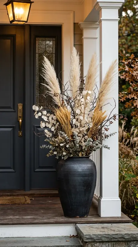 12 Neutral Halloween Decor Ideas for a Chic Front Porch 4 4. Tall Dark Ceramic Urn With Dried Pampas Arrangement