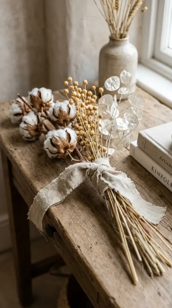 12 Neutral Fall Decor Ideas for an Entryway Console in Organic Style 4 4. The Aged Linen and Cotton Stem Bundle