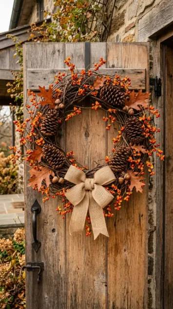 13 Rustic Fall Decorating Front Porch and Entryway Style 4 4. The Bittersweet Vine and Pinecone Fall Wreath