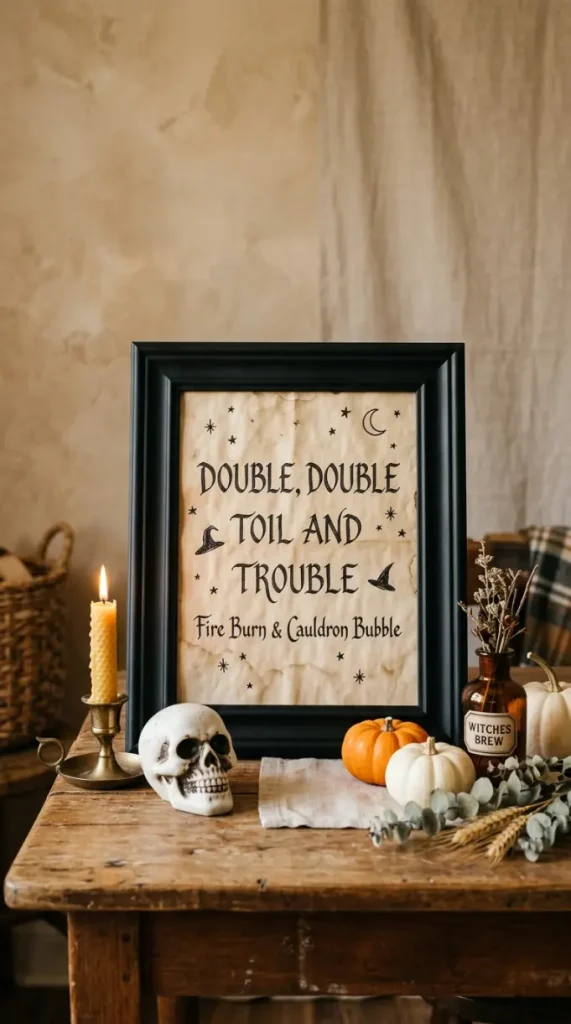 15 Dollar Tree Halloween Decor Window and Table Vignette Style 4 4. The Black-Sprayed Picture Frame Vignette Anchor