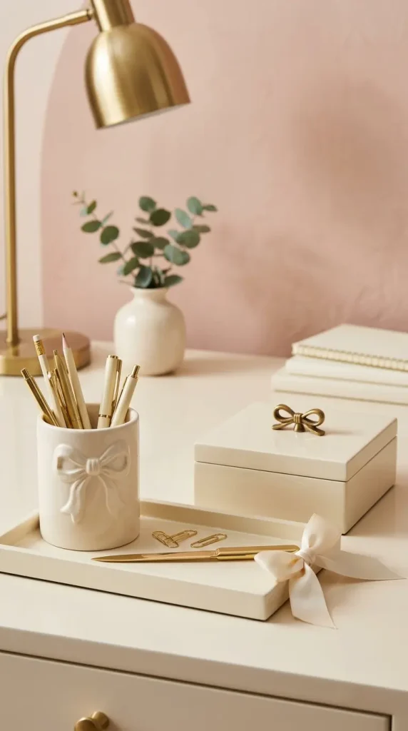 10 Home Office Ideas for Women Coquette Pink Arch Gold Style 4 4. The Bow-Detail Desk Accessories