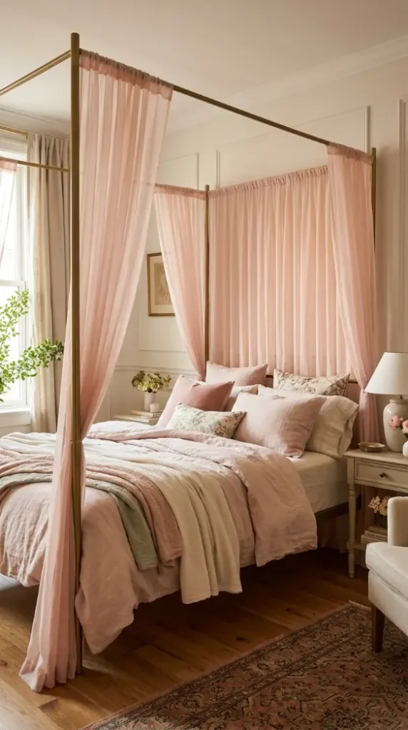 24 Apartment Bedroom Decor Pastel Dreamy Feminine Style 4 4. The Canopy Bed Frame — Architectural Softness