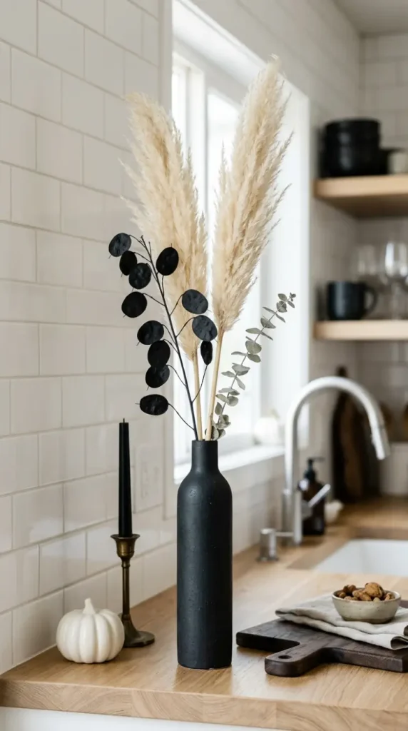 15 Chic Neutral Halloween Decor Kitchen Counter Style 4 4. The Dark Ceramic Bud Vase with Dried Stems
