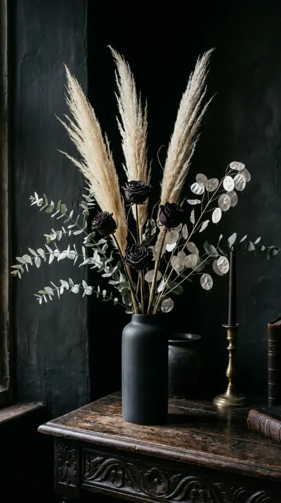 14 Neutral Halloween Decor Gothic Console Table Style 4 4. The Dried Dark Botanical Arrangement