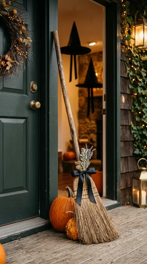12 Easy Halloween Entryway Decor Witchy Floating Hats Style 4 4. The Front Porch Broomstick Lean