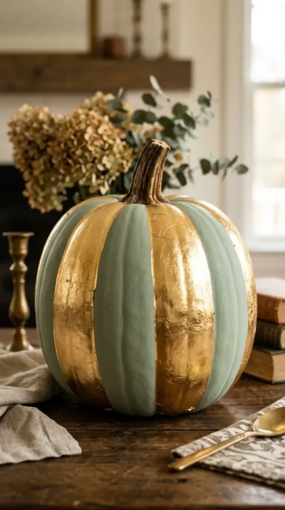 12 DIY Fall Home Decor Projects: Painted Pumpkin Collection 4 4. The Gold Leaf Accent on Chalk Base