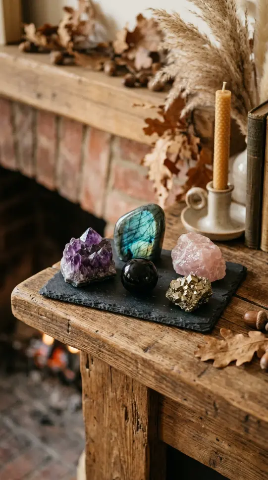 15 Fall Mantel Decor Ideas for a Botanical Nature Inspired Look 4 4. The Mineral and Stone Specimen Collection