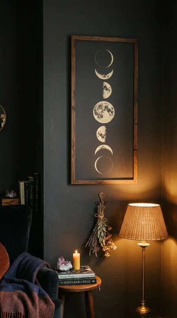 13 Cozy Halloween Decor Witchy Bedroom Corner Style 4 4. The Moon Phase Wall Art