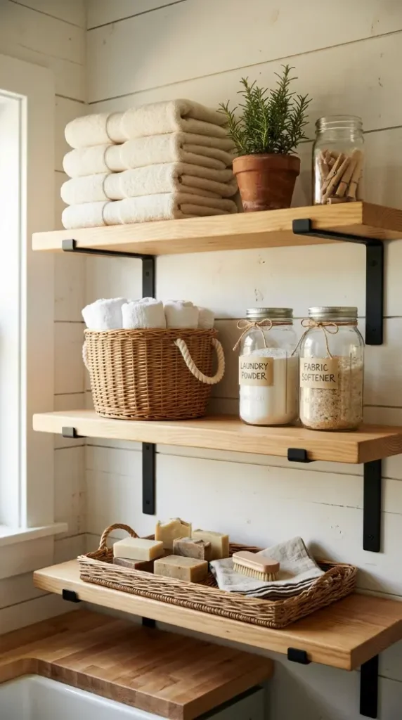 14 Laundry Room Bathroom Combo Warm Neutral Farmhouse Style 4 4. The Open Pine Shelving Above