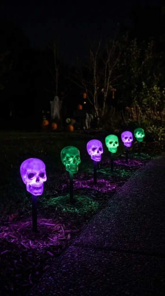 16 Outdoor Halloween Decorations Light-Up Pathway Night Style 4 4. The Purple and Green Skull Stake Line